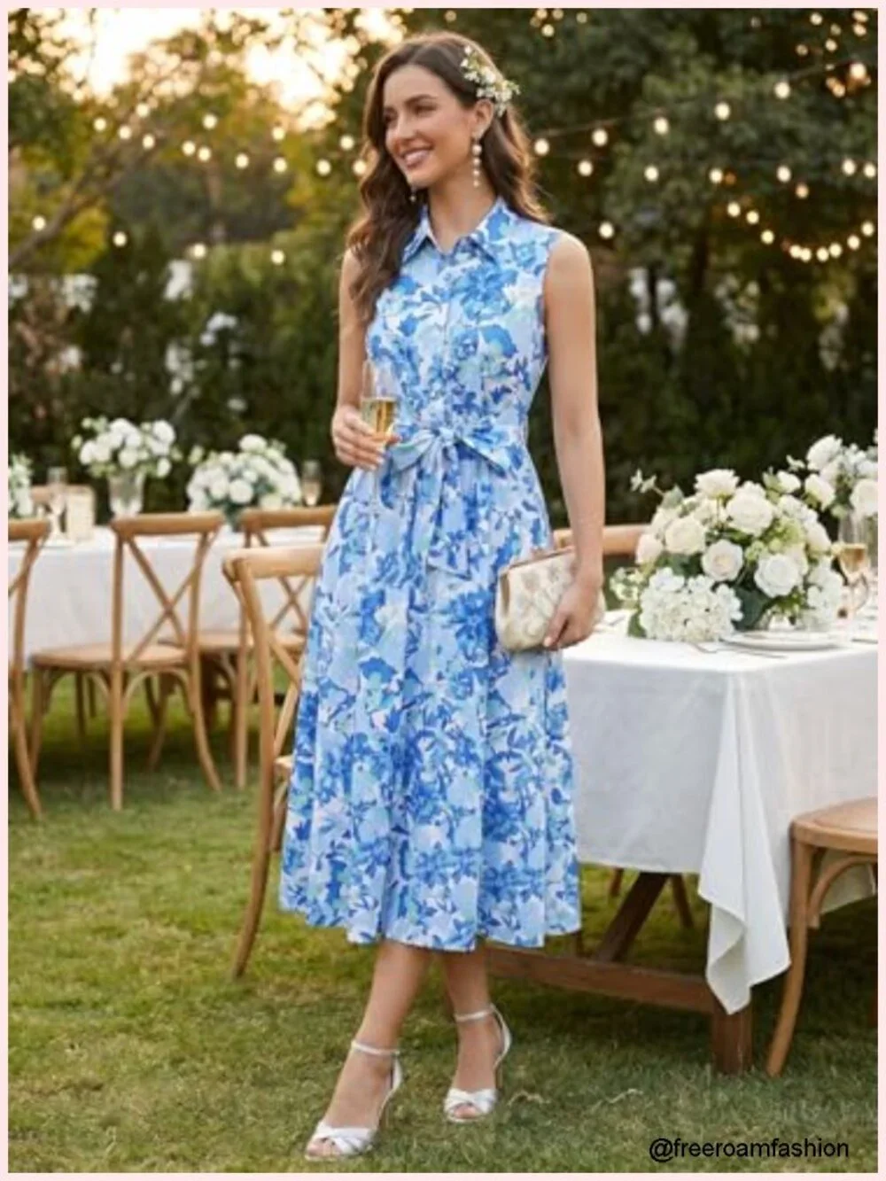 Sleeveless Floral Flowy A-Line Midi Dress with Pocket and Tie Belt
